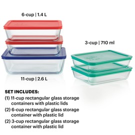 Pyrex Simply Store (5-Pack) Large Glass Food Storage Containers Set, (3, 6 & 11 Cup) Meal Prep Containers With BPA-Free Lids, Dishwasher & Microwave Safe