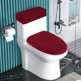 Toilet Lid Cover and Toilet Tank Cover Stretch Toilet Covers Set for Bathroom, Polyester Spandex Jacquard Fabric, Machine Washable, with Elastic Bottom, Burgundy
