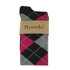 Mysocks Kids Knee High Socks Back to School - 3 Pairs Argyle Seamless Cotton Knee Length Socks for Children - Casual Boys and Girls Long Socks Argyle Black Pink,9-12
