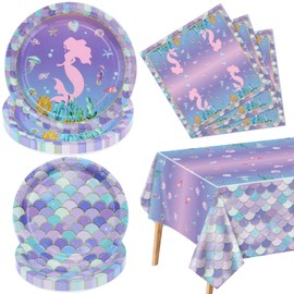 Mermaid Party Decorations - 61Pcs Mermaid Party Tableware Set, Mermaid Scale Theme Tablecloth, Mermaid Plates and Napkins for Under the Sea Ocean Little Mermaid Birthday Party Supplies, Serves 20