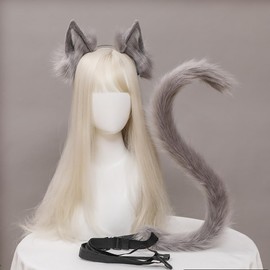 GUFER Cat Ears, Fox Ears, Tail Set, Cosplay, Fox, Fluffy, Tail Ears, 2-piece Set, Wolf Cosplay, Disguise, Halloween, Cultural Festival, Cosplay Accessories, Tail + Ears (C-Gray)