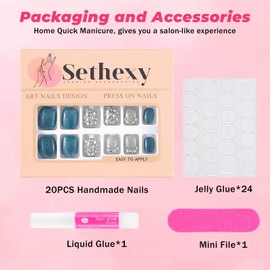 Sethexy Blue Short Square Handmade Press On Nails Glitter Silver False Nails with Design 20PCS Full Cover Art Fake Nail for Women and Girls (9)