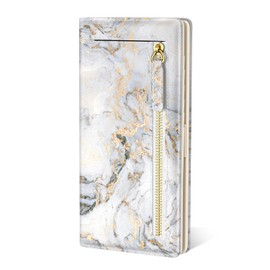 portafolios pequeña y compacta con bolsillo de piel auténtica con bloqueo de RFID para mujer, con ventana de identificación, Mármol gris blanco, Long（ 7.48" x 0.40" x 3.85" ）, Minimalista