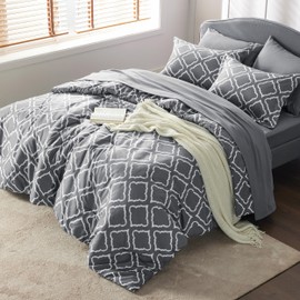 Bedsure King Comforter Set 7 Pieces - Dark Grey Blue Quatrefoil Comforters King Size, Lightweight Bedding Sets for All Season, Bed in a Bag with Comforters, Sheets, Pillowcases & Shams