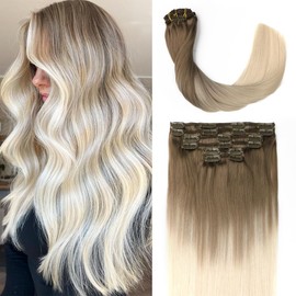 Sindra Clip in Hair Extensions Human Hair,16Inch 100g 6 Pieces Ombre Ash Brown Highlighted with Blonde Clip in Hair Extensions Remy Human Hair Extensions #8/60,16"