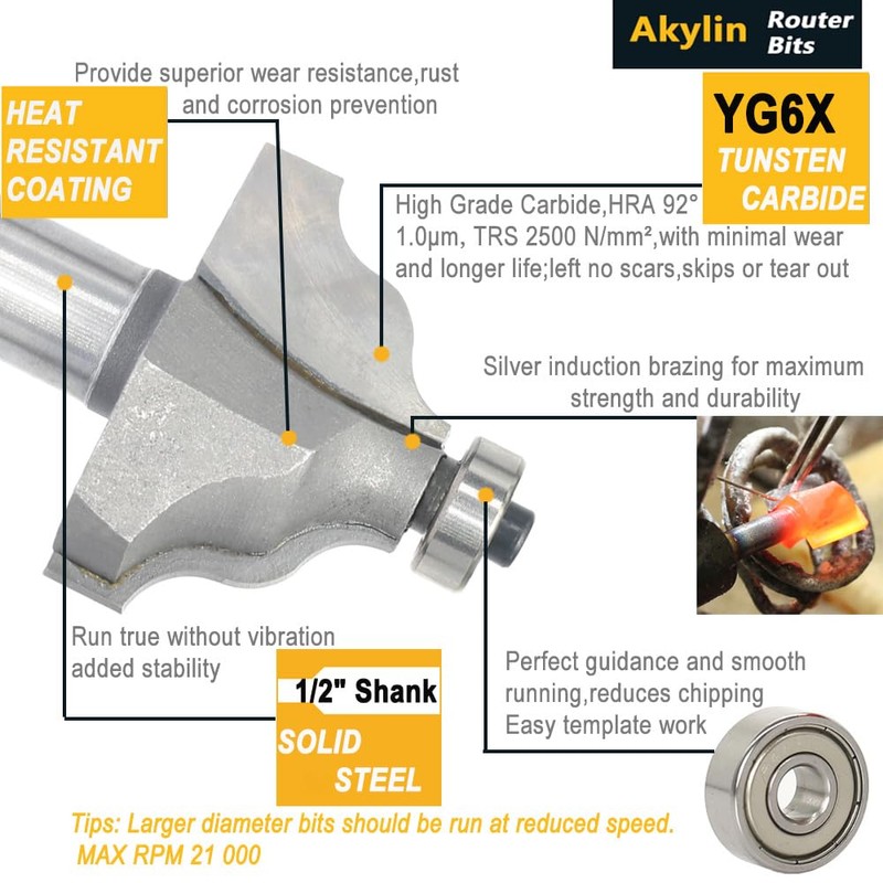 Akylin 4Pcs Wavy Edge Molding Router Bits,1/2" Shank,3/4",7/8",1-1/8",1-1/4" Cutting Height