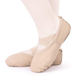 Ballet Shoes Leather Ballet Flats Split Sole Dance Slippers for Girls Toddlers Women Beige 1 UK (33 EU)