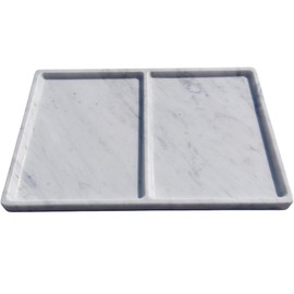11.81"x7.87" Marble Vanity Tray with Dual Compartments – Catchall Organizer for Jewelry, Cosmetics, Soap – Polished Stone Dresser Tray for Bathroom, Entryway, Office – Calacatta White