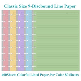 (4-Pack) 9-Disc Discbound 5 Colorful Line Paper Pre-punched Happy Planners Inserts, 400Sheets/800Pages Classic Size Line Loose-Leaf Paper, Per Color 80 Sheets, 7" x 9.25"