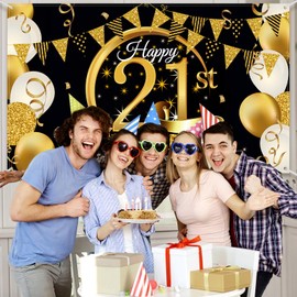 Blulu Birthday Party Decoration Extra Large Fabric Black Gold Sign Poster for Anniversary Photo Booth Backdrop Background Banner, Birthday Party Supplies, 72.8 x 43.3 Inch (21st)
