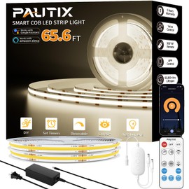 PAUTIX COB LED Strip Light 65.6ft/20m,Work with Alexa/Google Assistant,9600 LEDs Natural White 4000K,CRI93+ Super Bright High Lumen,Dimmable 24V Flexible LED Light Strip,for Home&Office DIY Lighting