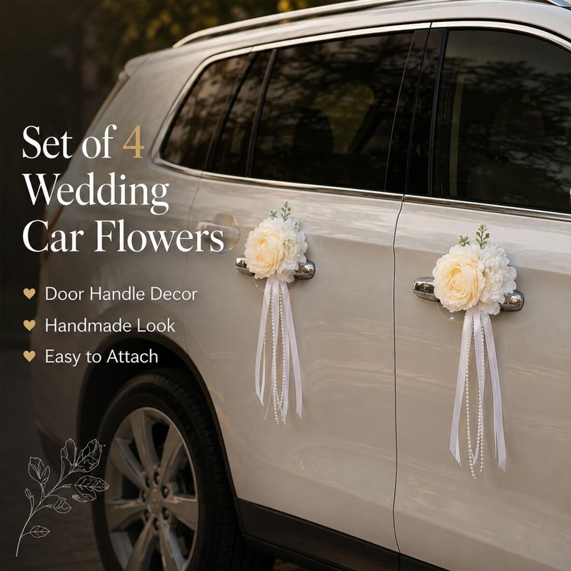Wedding Car Decorations, 4 PCS Artificial Flower Car Door Handle