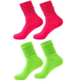 PINCHUAN 2Pairs Neon Socks for Women 80s 90s Neon Slouch Socks Women's Leg Warmers Slouch socks Pink/Green Long Sock Soft Scrunch Knee High Sock 80S neon Outfit-2pairs Rose Red&Green