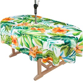 bnhjsdw Tropical Leaves Outdoor Tablecloth with Umbrella Hole for Oval Table, Waterproof Green Leaf Patio Table Cloth with Zipper - 52 x 70 inches