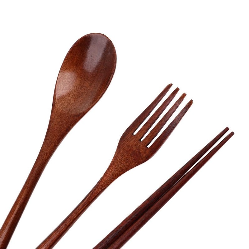 Cutlery 3PCS Fork Chopsticks Spoon Set Portable Tableware Chinese Wooden