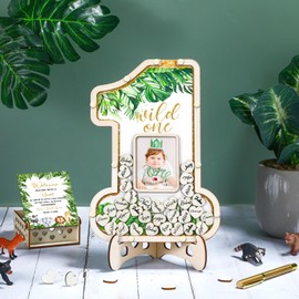 Wenqik 33 Pcs 1st Birthday Guest Book Alternatives 1st Decorations First Birthday Number One Shaped Photo Frame Centerpiece Keepsake with 30 Wood Slices(Wild One)
