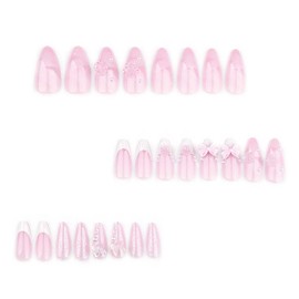 Foccna French Press on Nails Pink Medium, 3D Flower Fake Nails Almond Acrylic False Nails White,Artificial Nails for Women and Girls 24pcs