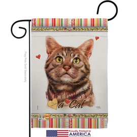 Breeze Decor Cat American Short Hair Happiness Garden Flag Set with Stand Animals Kitten Meow Spoiled Paw Fur Pet Nature Farm Animal Creature Small Gift Yard House Banner Made in USA 13 X 18.5