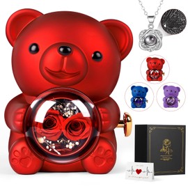 Cute Bear Teddy with Preserved Rose Gift Box, Romantic Rose Flower Bear Teddy Gift for Her and Girlfriend, Eternal Forever Rose Bear Gift Weddings Anniversary for Woman, Red