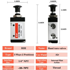RIH 3 Way 2 Postion Air Valve Air Hand Lever Operated Valve Pneumatic Solenoid Valve Manual Control Push Pull Valves 3R210-08 (1/4"NPT)