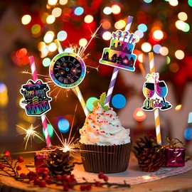 2025 Happy New Year Drinking Straws 16 Pcs 2025 New Year Theme Shaped Cutouts and Paper Striped Straws 2025 New Years Countdown Disposable Drinking Straws for New Year Eve Party Supplies