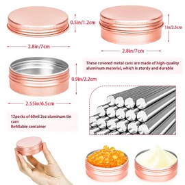 MotBach 12Pack 2oz Tin Jars, 60ml Rose Gold Metal Tin cans, 2Ounce Aluminum tin can jar Containers with Screw Lid for Lotion Bars, Balms, Spices, Salve, Beard Balm, Toiletries, Creams, Makeup Cosmetic
