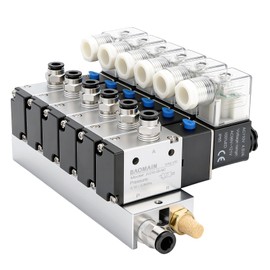 Baomain 6 Station Solenoid Valve Manifold, 110V AC 3 Way 2 Position Pneumatic Air Valve, Six Solenoid, 1/4" PT Port, Includes Manifold Base & Mufflers, 3V210-08