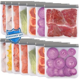 Lerine 14 Pack Reusable Gallon Freezer Bags Dishwasher Safe, BPA Free Reusable Freezer Bags 1 Gallon, Leakproof Food Storage Bags for Meal Prep, Fridge Kitchen Organization (Gray, 14Gallon)