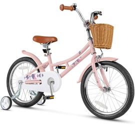 HONEY JOY Kids Bike, 16 18 Inch Retro Toddler Bikes w/Training Wheels, Handbrake & Coaster Brake, Steel Frame, Fully Enclosed Chain, Adjustable Handlebar & Seat (18 Inch with Kickstand, Pink)