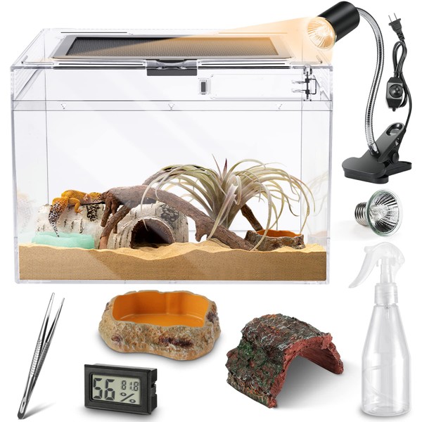 Reptile PC Glass Terrarium, Anti Breakage 15x8x9.7 inch Amphibians Tank Starter Kits, Top Sliding Door Screen Ventilation Mini Habitat Cages, Hygrometer Thermometer, Hide Cave, Vines, Tweezer, Sprayer