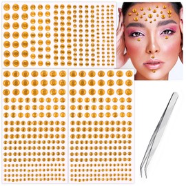 Face Gems Rhinestones Stickers, Self Adhesive Face Jewels Stickers, 3/4/5/6/8mm Stick on Rhinestones for Face, Hair, Craft, Nail, Clothes, Shoes(Gold Yellow)