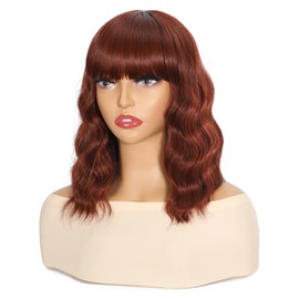 Apoze Short Wig With Bangs For Women,Synthetic Cosplay Bob Wigs,Curly Hair Wigs For Daily Party Use,Natural Looking Heat Resistant Shoulder Length(Auburn Copper Highlight)