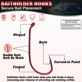 Baitholder Fishing Hooks 100 Pack - Double-Barbed Long Shank for Bluegill Bass Trout Walleye Black/Red, 8/0-#8 (1-Red, Size:4 100-Pack)