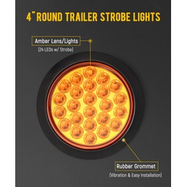 Partsam 4X 4 Inch Round Amber Strobe Lights 24 Diodes LED Trailer Truck Stop Turn Tail Light with Rubber Grommet 3-Prong Wire Pigtails, 12V, Amber Lens