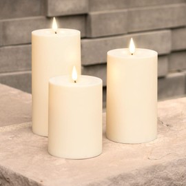 Outdoor Ivory Flameless Candles with Timer - LED Pillar Candle Set of 3, Waterproof for Patio Decor, Battery Operated, Remote Control Included, Realistic Flickering Warm White Light - 3x4 3x5 and 3x6