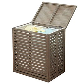 mDesign Bamboo Laundry Hamper Basket with Removable Fabric Liner and Decorative Wood Slats - Portable and Foldable for Compact Storage - Single Hamper Design - Gray Bamboo