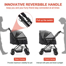 LPOTIUS Dog Stroller for Large Medium Dogs & Cats with Reversible Handle, Foldable Pet Stroller Travel Carriage with Large Storage Basket, Black
