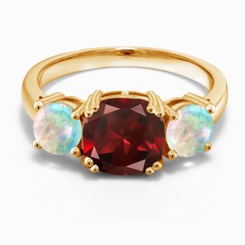Gem Stone King 18K Yellow Gold Plated Silver Red Garnet and Simulated White Opal 3 Stone Engagement Ring For Women (3.50 Cttw, Gemstone January Birthstone, Cushion 8MM, Size 6)