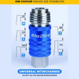 BluBird CP5-1 5-in-1 Universal Safety Air Coupler – 1/4" Female Thread, Heavy-Duty Quick Connect, 250 PSI High-Pressure, Corrosion-Resistant, Quick-Release, Multi-Style Pneumatic Fitting