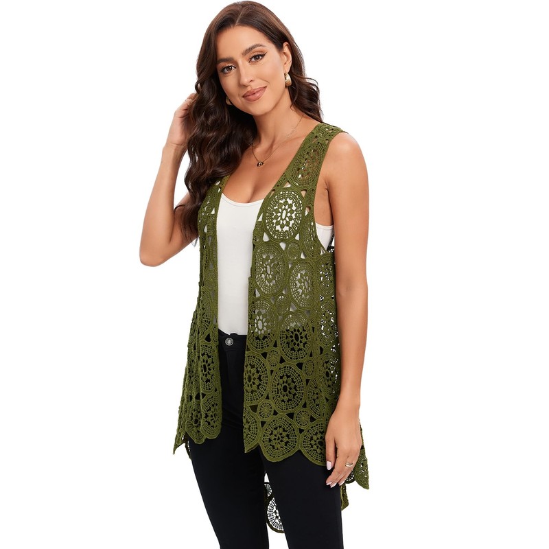 Women's Crochet Lace Vest Boho Sleeveless Kimono Irregular Hem Cardigan