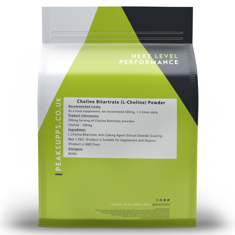Choline Bitartrate Powder 100g - (L-Choline) High Strength, Non GMO,
