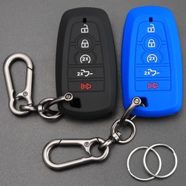 TANDRIVE Key Fob Cover for 2025 2024-2017 Ford F150 F250 F350 F450 F550 F650 F750, 5 Button, Silicone, 2-Pack, Black and Blue