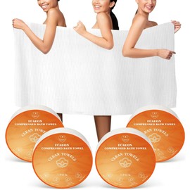 FCaeon Compressed Towel Tablets Large, Disposable Bath Towels for Travel, 55 in x 27.5 in Travel Bath Towel for Body for Hotel Camping Hiking Outdoors Sports Beach Swimming Vacation[4 Pack Orange]