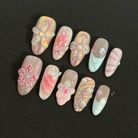 Handmade Press on Nails Medium Almond False Nails with 5D Pearl Flower Design Butterfly Stick on Nails Glossy Blue French Tip Glue on Nail Ombre Pink Fake Nail for Women Manicure 24Pcs