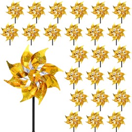 Qualirey 24 Pcs Reflective Pinwheels with Stakes Sparkly Pinwheels for Yard and Garden Windmill Wind Spinners Efficiency Reflective Material Deterrents Keep Birds Away Garden Yard Lawn(Blue)