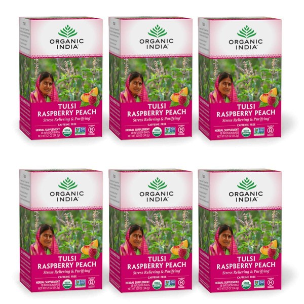 Organic India Tulsi Raspberry Peach Herbal Tea - Holy Basil, Stress Relieving & Purifying, Immune Support, Vegan, Kosher, USDA Certified Organic, Non-GMO, Caffeine-Free - 18 Infusion Bags, 6 Pack