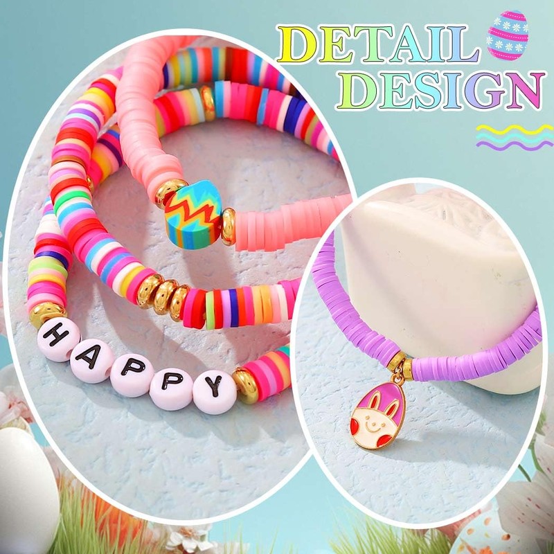 JEWEKY Heishi Bracelets Layered Gold Beaded Polymer Clay Bunny Pendant