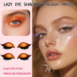 Lingyun 2 Pairs Lazy Eye Shadow Eyelash Patch，Eye Shadow Stickers for Eye Makeup, 3-In-1 Instant Eyeshadow Eyelashes Sticker for All Eye Shapes, Reusable Eyeshadow & Eyelash Makeup Stickers(Orange)