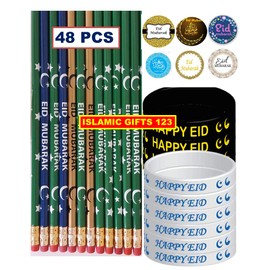 248 Pcs Eid Mubarak Pencils Wristbands Stickers Set Eid Pencils Ramadan Wristbands Round Novelty Stickers Eid Mubarak Party Ramadan Gifts for Muslims (Eid Pack)