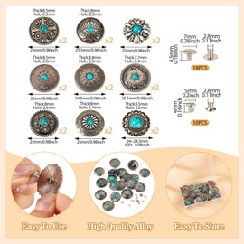 18 Sets Leather Decorative Conchos, Turquoise Decorative Buttons, Metal Rapid Rivet, Vintage Western Leather Replacement Buckles for DIY Belt Purse Bag Crafts